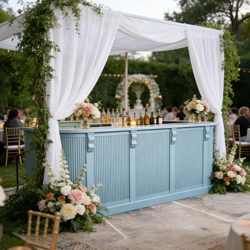 Custom Elegant Wood Ribbed Rectangle Flat Wedding Events Party bar Counter Rental Wine Cabinet