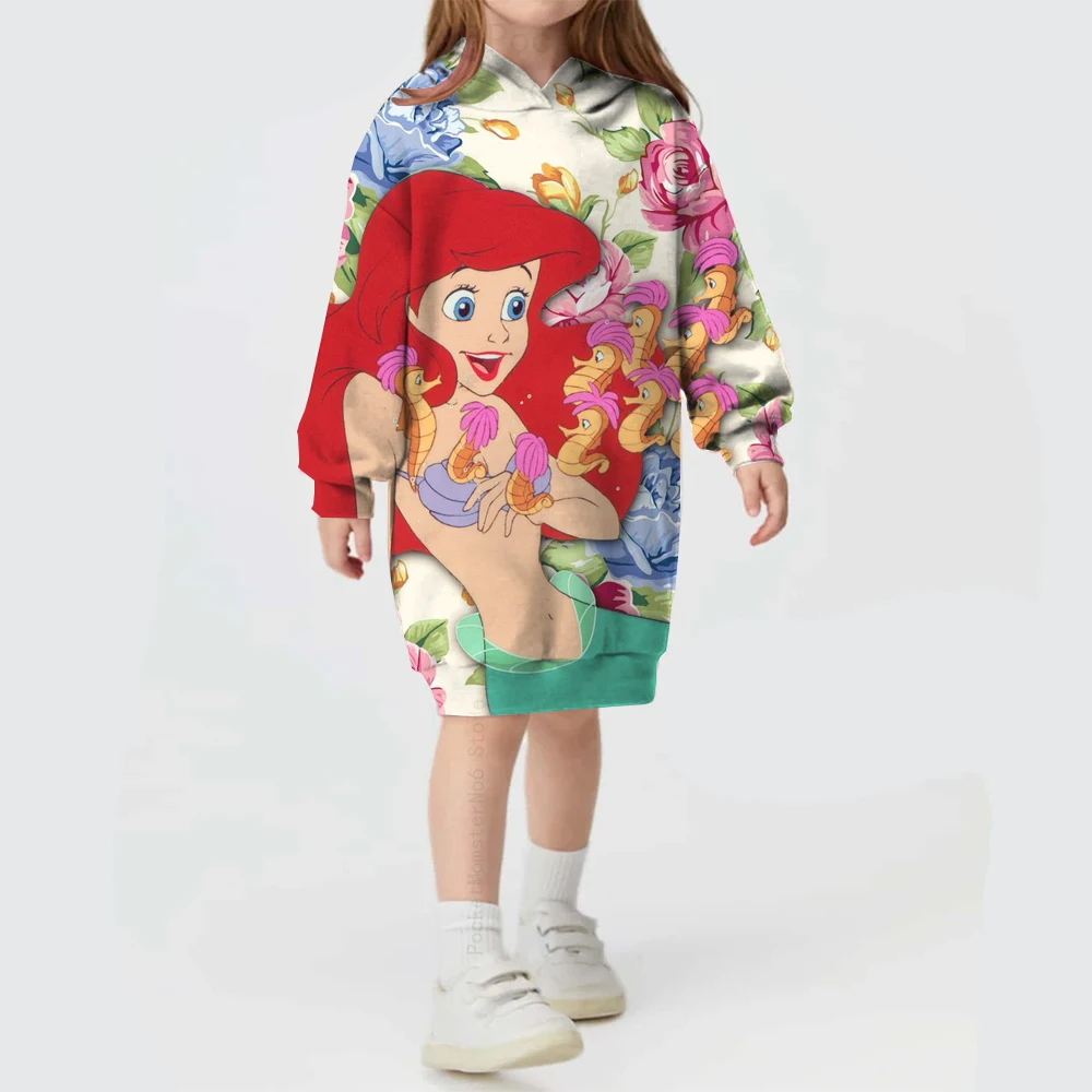 Disney Mermaid Ariel Children's Long Sleeve Casual Printed Hoodie Sweatshirt Cartoon Cute Costume Party Girl Dress