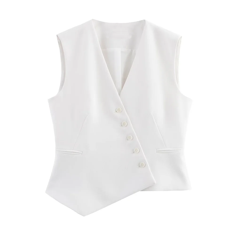 Asymmetrische Damenweste mit V-Ausschnitt, einfarbig, Dekoration, Frühling/Sommer, neue lässige Damenbekleidung