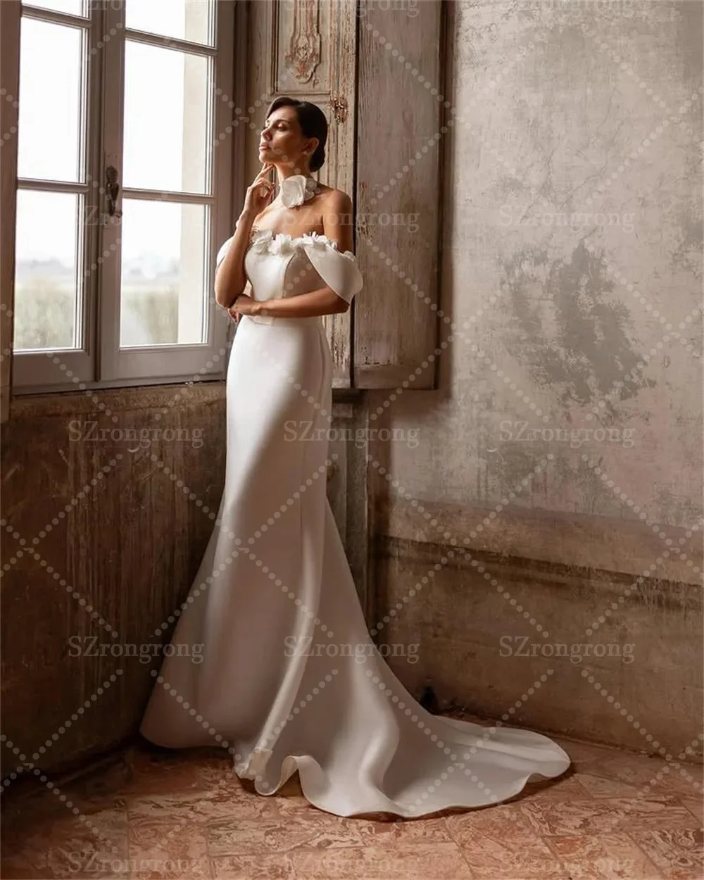 بوهو قبالة الكتف الساتان حورية البحر مثير ثوب الزفاف زر الظهر الزهور الصناعية فستان الزفاف مع قطار للانفصال مخصص #2