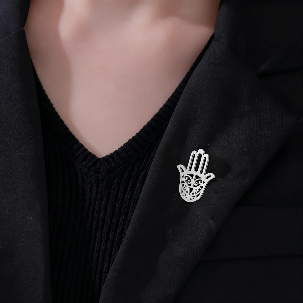 Hamsa Hand of Fatima Pin Brooch for Women Men Stainless Steel Gold Color Amulet Suit Lapel Badge Accessories Gift Wholesale