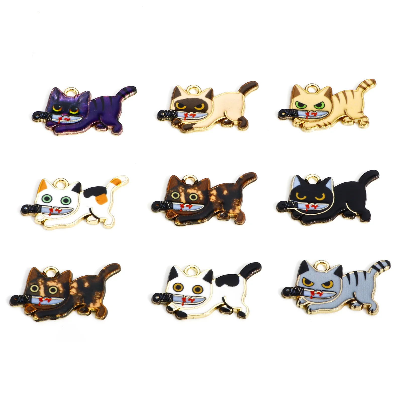 10pcs Vintage Halloween Pendants Multicolor Cat Animal Knife Enamel Charms DIY Necklace Earrings Jewelry Findings 3cm x 1.7cm