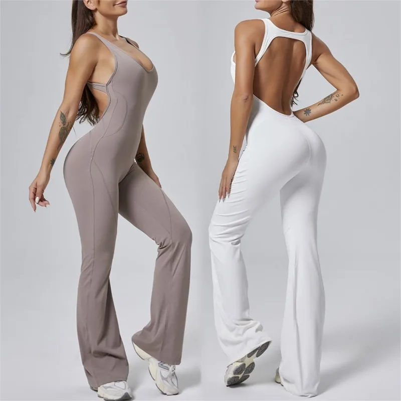 

Women's Seamless Yoga Bodysuit - Naked Feeling Hollow Out Back Booty Lifting Workout Jumpsuit with Flare Leg for Gym Fitness