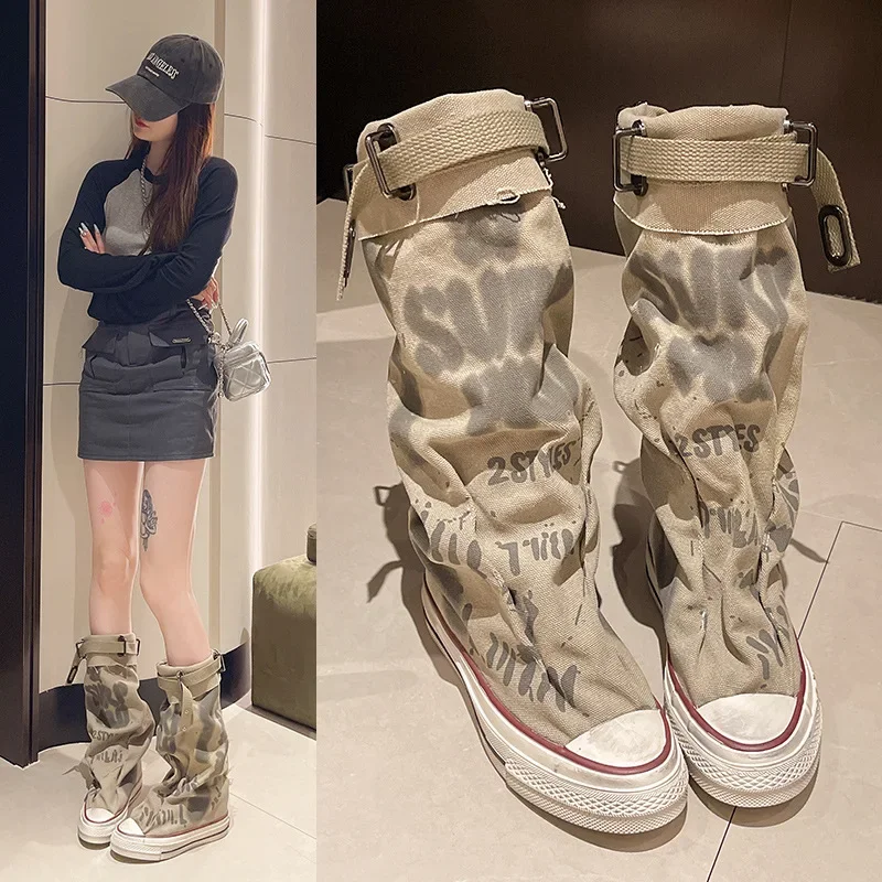 Frauen Frühling Graffiti Hohe Leinwand Stiefel Runden Kopf Mitte Folgen Anti-slip Stiefel Frauen Freizeit Mode Gummi Sohle botas Mujer