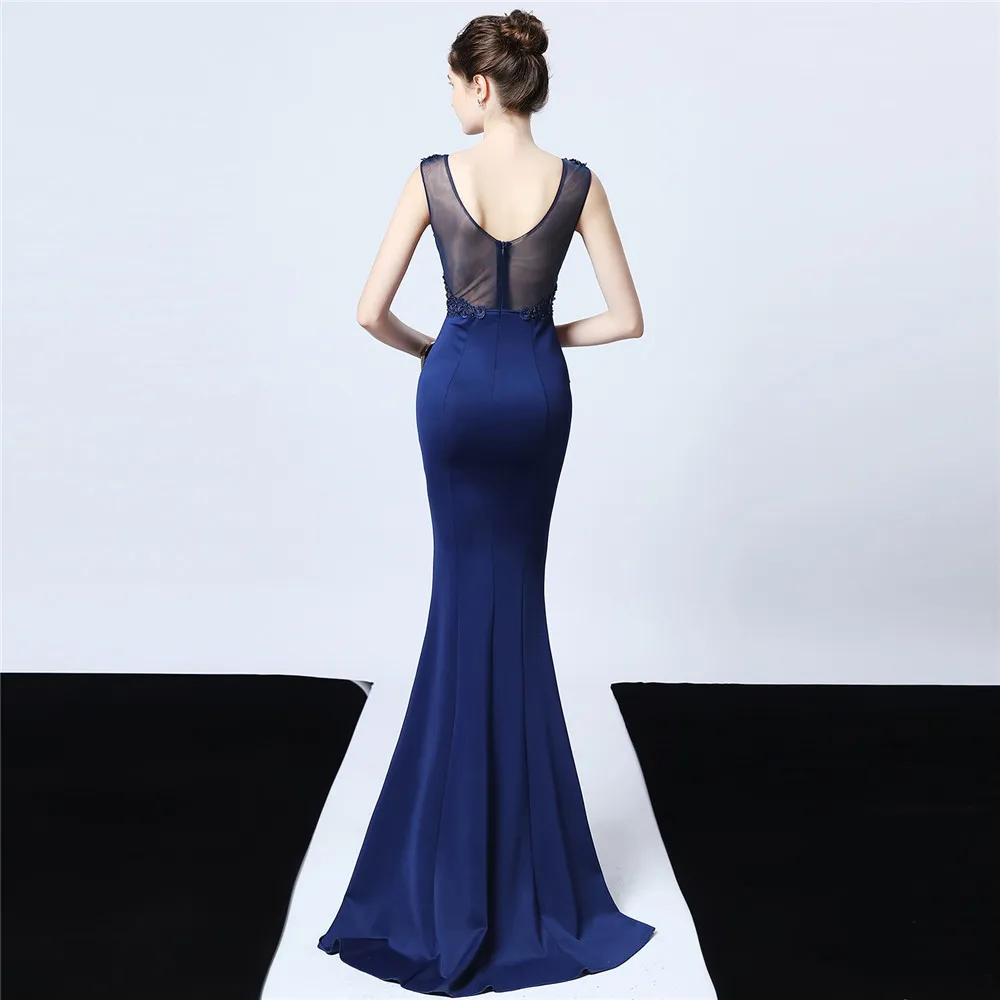 Plus Size Navy Blue Mermaid Evening Dress Exquisite Crystals Appliues Illusion Satin Long Formal Gowns For Women Dropshipping