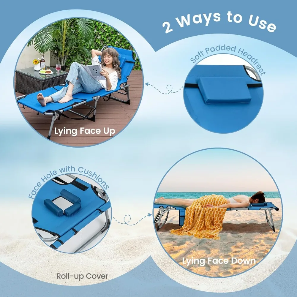 كرسي تسمير خارجي قابل للطي مع فتحات للوجه والذراع، صالة شاطئ قابلة للتعديل بـ 5 أوضاع لحمامات الشمس وحمام السباحة والحديقة #5