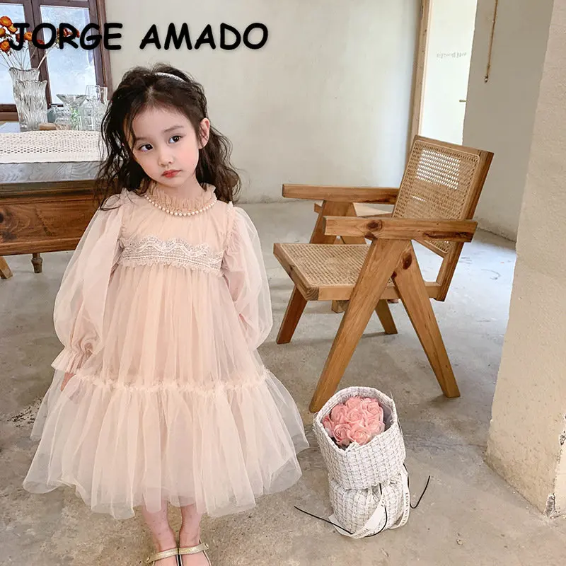 Korean Style Kids Girl Princess Dress Round Collar Party Dresses with Lace Mesh Long Sleeves for Children Clothing E99011