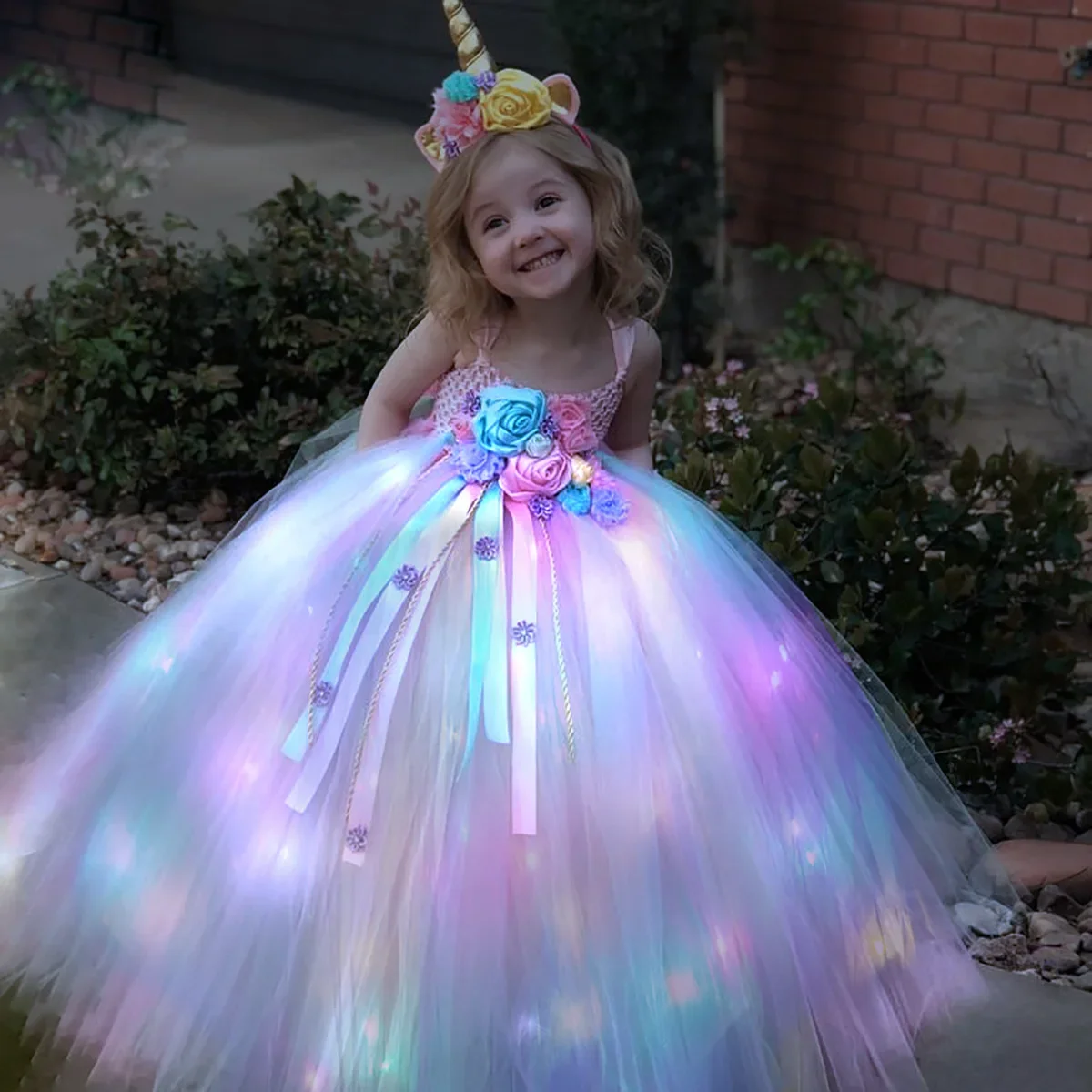 Gilrs Long LED Unicorn Tutu Dress Girls Knee Dress Kids Birthday Party Princess Costume for Halloween Xmas Ball Gown Dresses