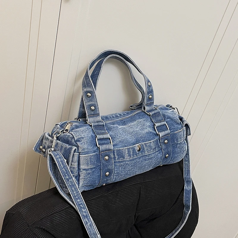 Brand Vintage Washed Denim Cylinder Handbag for Women Rivet Decorated Jeans Crossbody Bag Fashion Street Style Retro Boston Bag