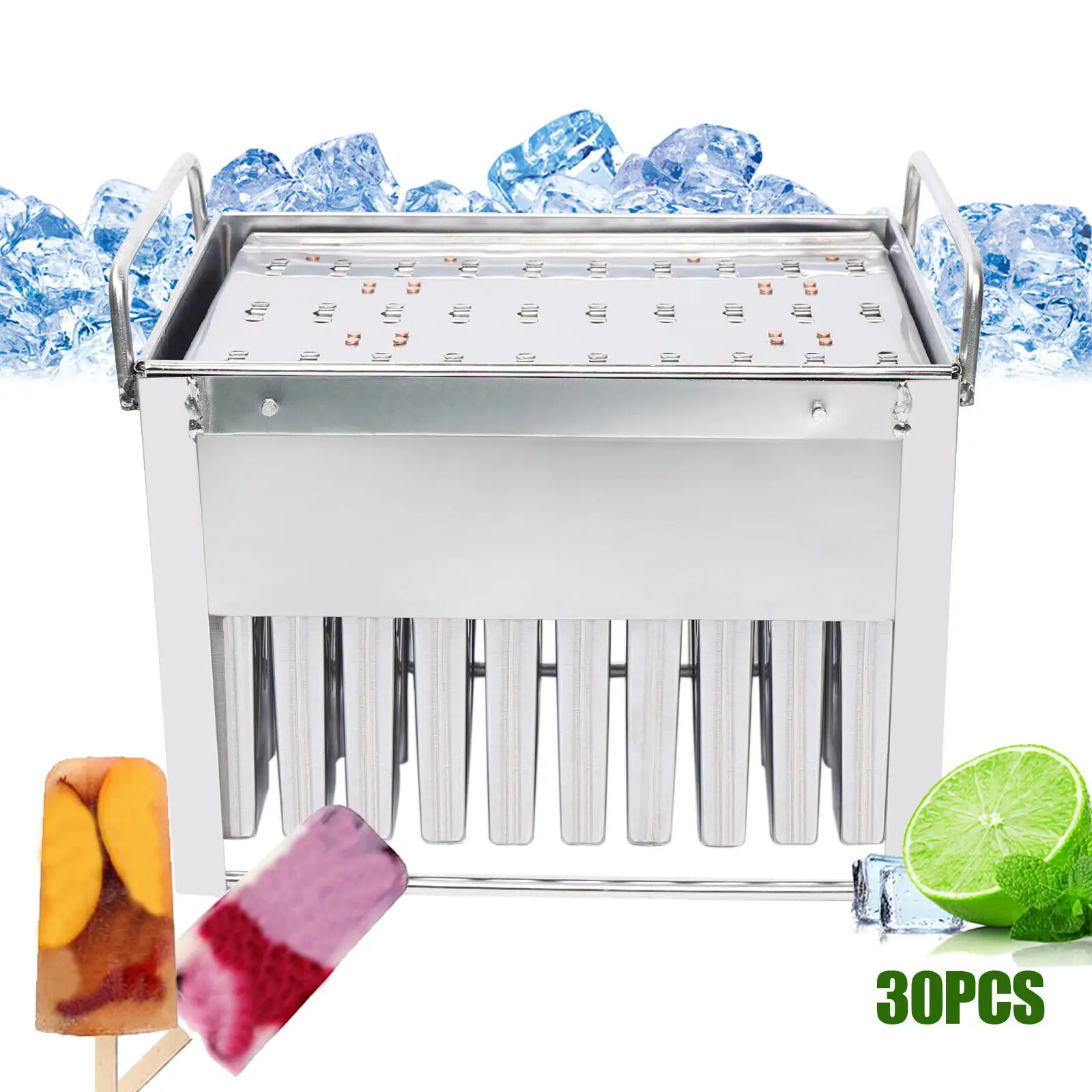 30 Pcs Ice Cream Stainless Steel Molds Ice Pop Lolly Popsicle Stick Holder Maker Tray Frozen Homemade DIY