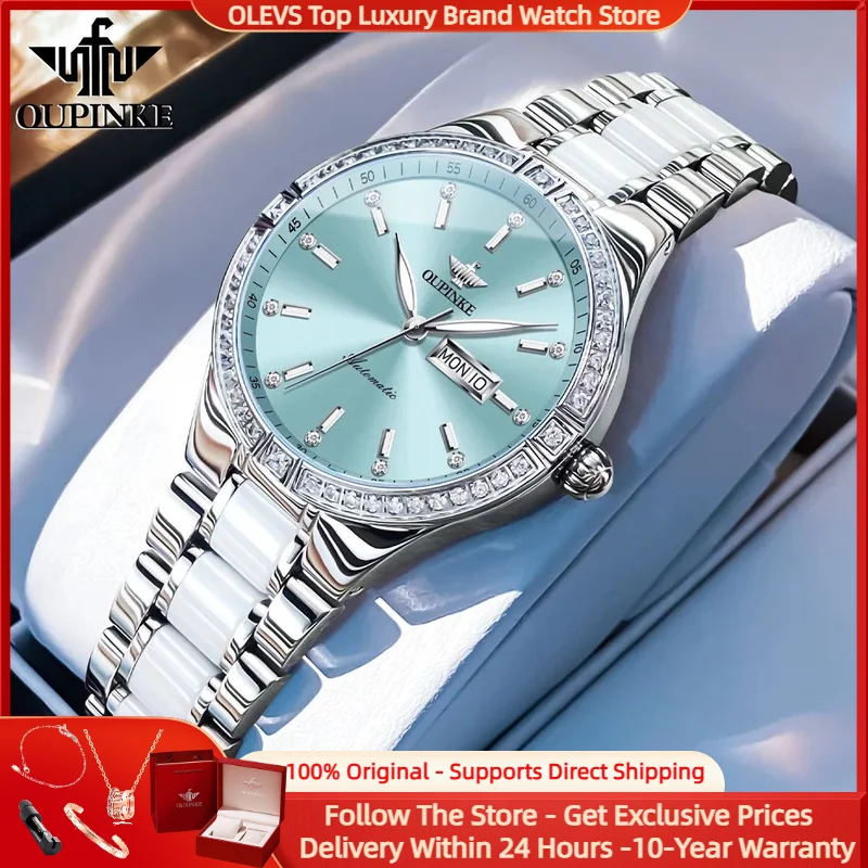 

OUPINEK Luxury Brand Automatic Mechanical Wristwatch for Ladies Sapphire Mirror Ceramic Strap Dual Calendar Display Watches