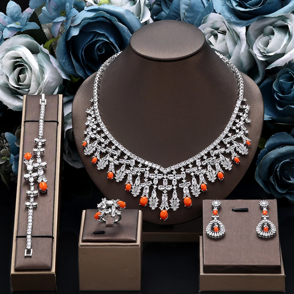 

Дубай, Нигерия, свадебные комплекты ювелирных изделий для женщин, комплект ювелирных изделий с каплями воды и кубическим цирконом, свадебные аксессуары из 4 предметов