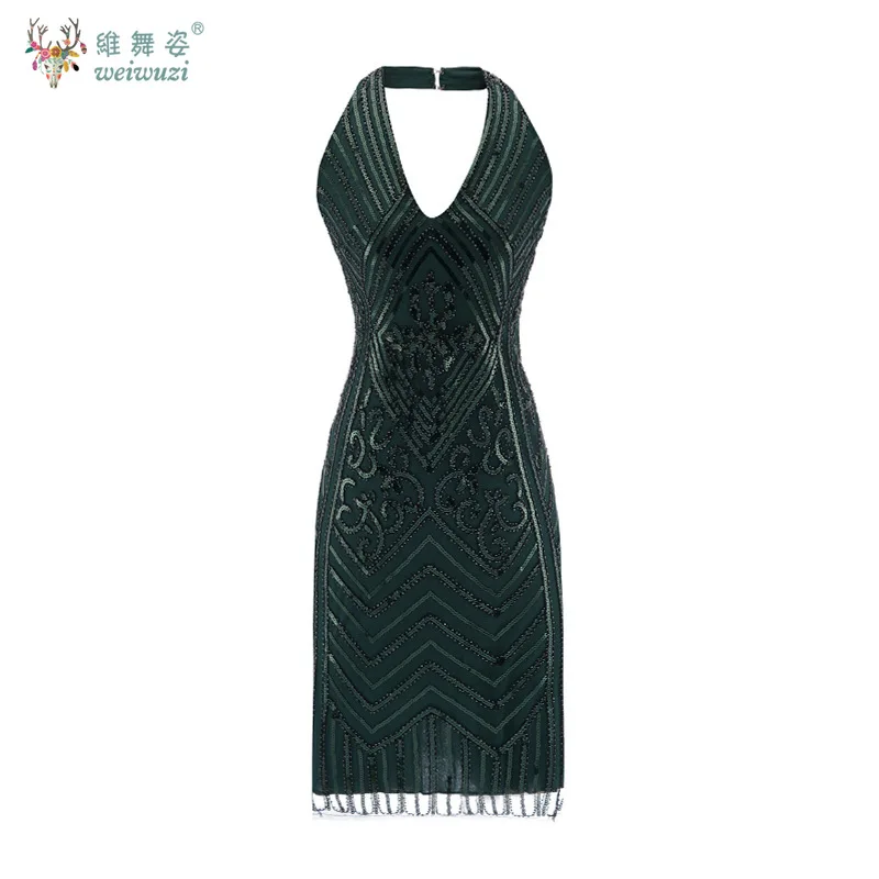 แฟชั่นและเซ็กซี่ V คอต่ําตัดแขวนคอ Backless เอวสูง Heavy Industry เล็บลูกปัดไนท์คลับชุดวันเกิด