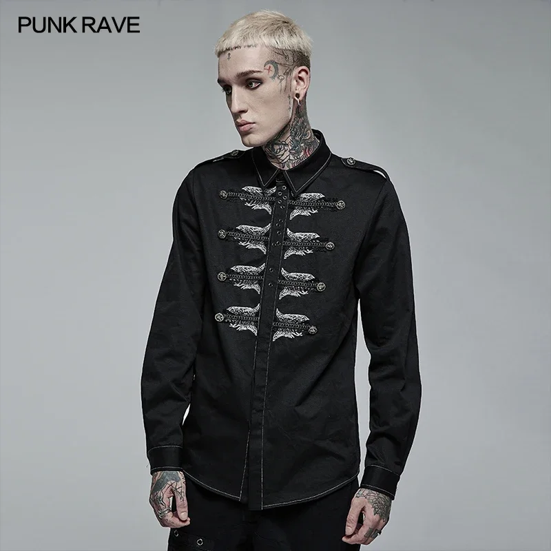 PUNK RAVE Men\'s Punk Personalized Skull Skeleton Embroidery Shirt Non-elastic Slim Personality Casual Black Tops Men Clothing