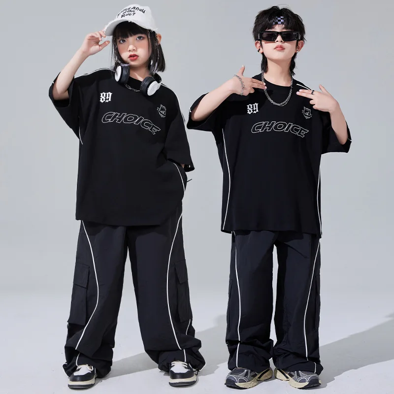 Boys Hip Hop Black Motorcycle T-shirt Cargo Pants Girls Street Dance Kids Loose Joggers Children Costumes Teens Clothes Sets