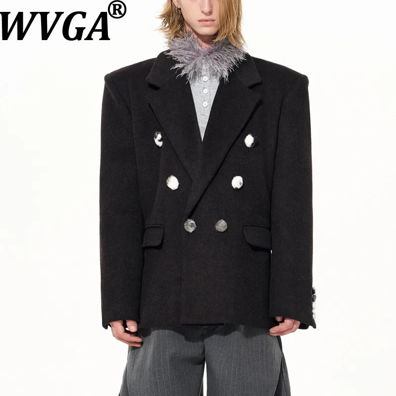 

WVGA Autumn Winter New Men Tide Shoulder-Raised Trendy Blazer Niche Chic Casual Double-Breasted Woolen Suit Coats Ins Y2K W16682