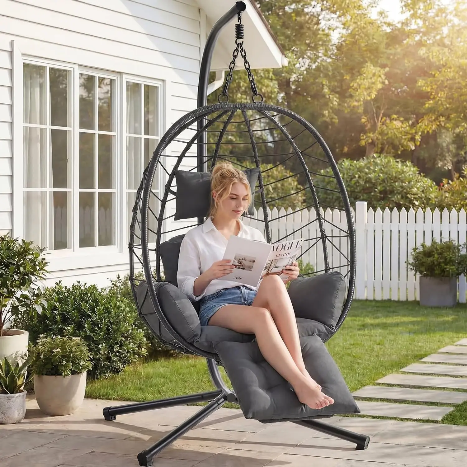 

Подвесное кресло-кокон из ротанга для улицы, гамак-кресло с подставкой для ног и стойкой, садовые качели с подушкой и двойными цепями, из алюминиевого сплава