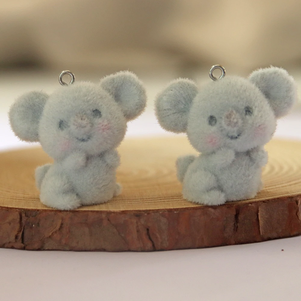 30PCS Koala Flocking Resin Pendant Cute 3D Fluffy Flocked Animal Charms Dolls For Necklace Earrings DIY Jewelry Making