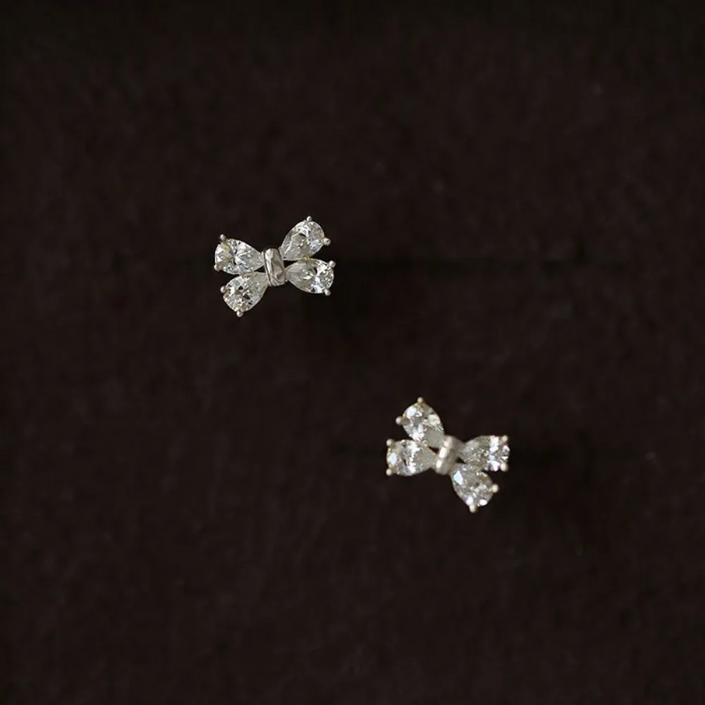 Sweet Cute 925 Sterling Silver Shiny Zircon Mini Bowknot Crystal Stud Earrings for Women Korean Trendy Girl Jewelry Accessories