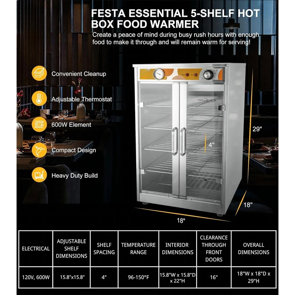 Calentador de alimentos con caja caliente para Catering eléctrico de 5 estantes que acomoda hasta, gabinete de sujeción con calefacción para encimera para Pretzels, 120V 600W