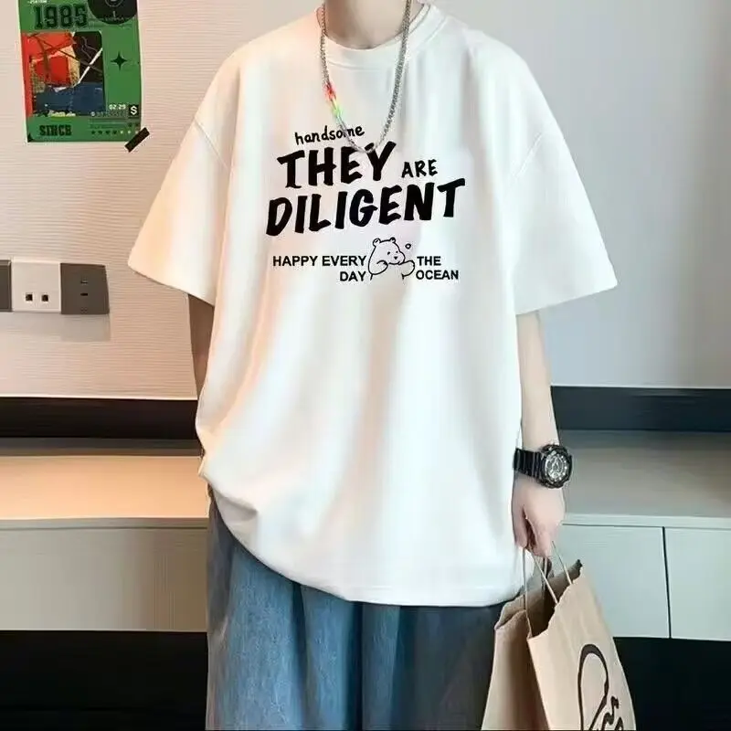 

Fashion O-Neck Loose All-match Printed Letter T-Shirts Men's Clothing 2024 Summer New Oversized Korean Tops Casual Tee Shirt