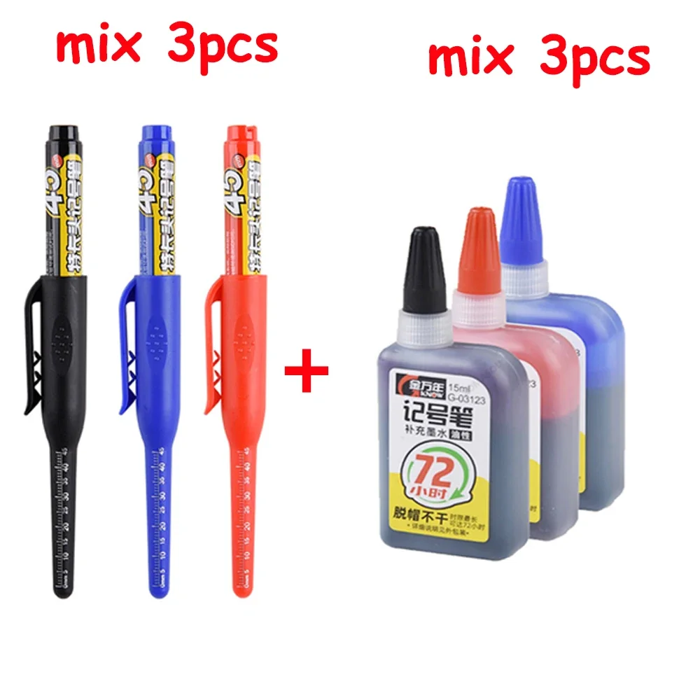 1-6 Stuks 45mm Waterdichte Lange Hoofdpunt Diepgat Markers Pen Tegel Timmerman Pen Multifunctioneel voor Houtbewerking Zwart/Blauw/Rode Inkt