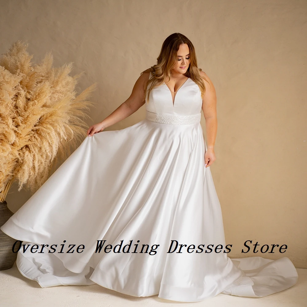 Vestidos de casamento sem alças com plissado para mulheres, vestidos de noiva grandes, trem de cetim, plus size, verão, novo, 2024