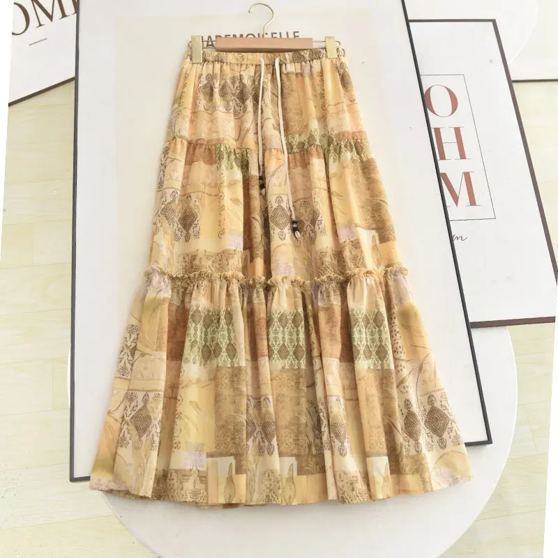 Bohemian Style High Waist A-Line Umbrella Skirt Women's Partial Skirt Elegant Flared Design Summer Collection Other Material