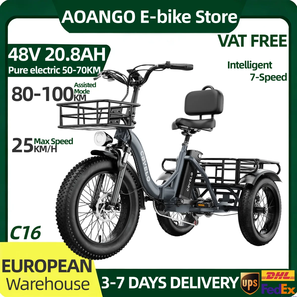 Apefox Rh30 48V 20.8Ah Triciclo elettrico per adulti, ruota anteriore 20*3.0, doppia ruota posteriore 16*4.0, telaio in lega di alluminio, 7 velocità, modalità di assistenza elettrica, autonomia