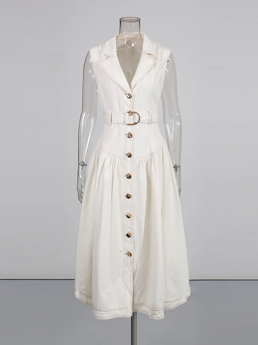 Twotwinstyle ファッションスプライシングシングルブレストカウボーイドレス女性のためのラペルノースリーブパッチワークベルト気質ドレス女性