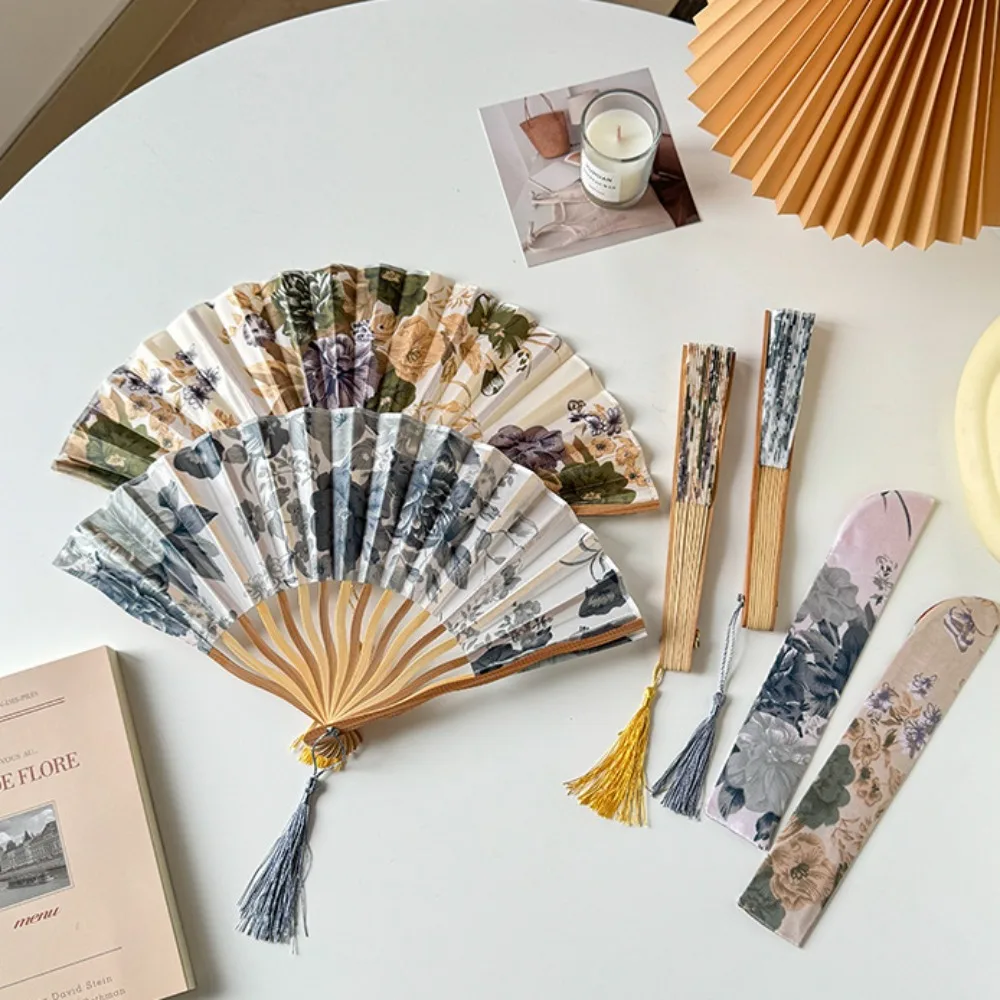 Silk Vintage Folding Fan Colorful Bamboo Dance Performance Props Hand Fan Elegant Tassel Classical Dance Fan
