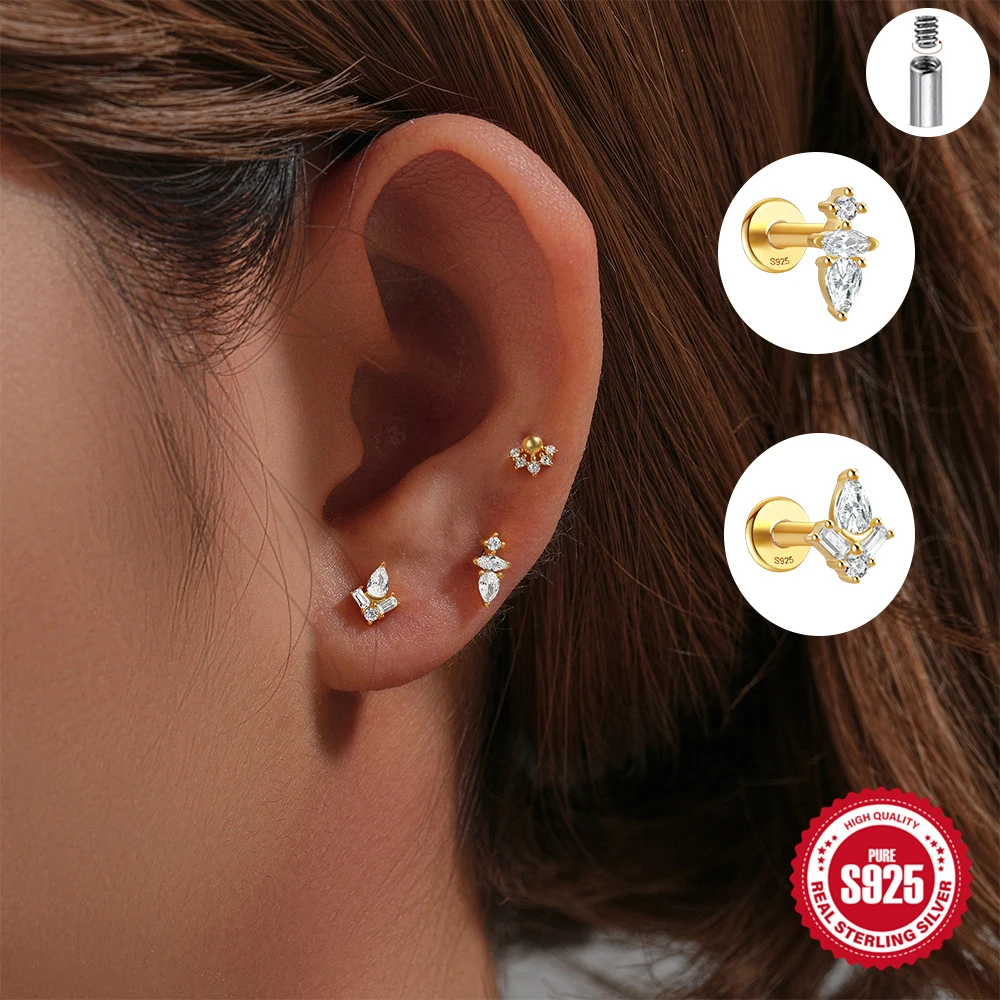

ROXI 925 Sterling Silver 18K gold plate 1PC Simple Design Geometric Zircon Piercing Earrings For Women Daily Party Jewelry Gift
