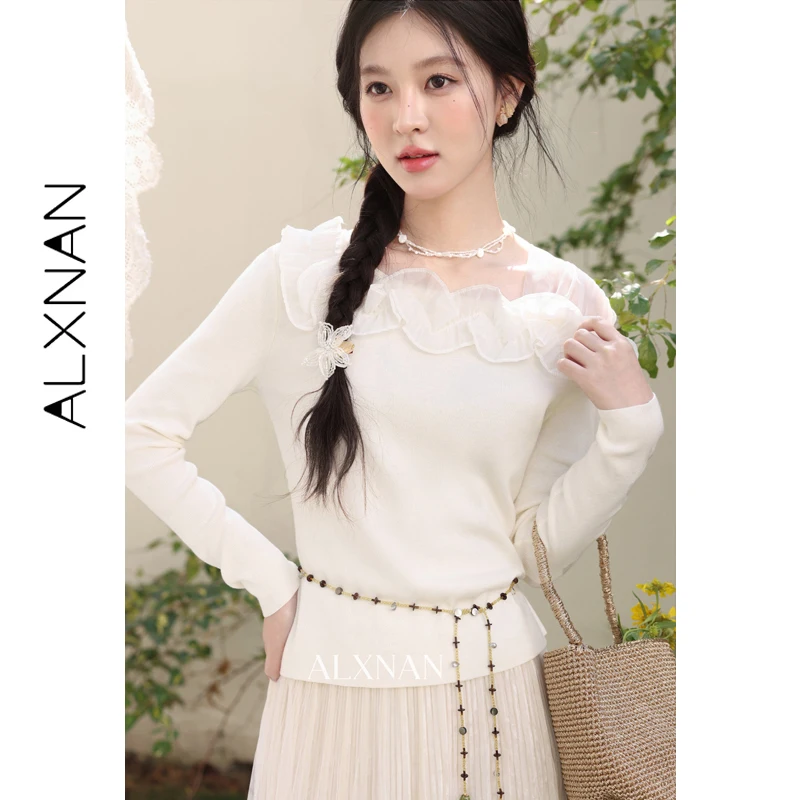 

ALXNAN Элегантный женский свитер с длинными рукавами и сетчатым воротником с рюшами, облегающий повседневный вязаный топ, аксессуары в комплект не входят L61315