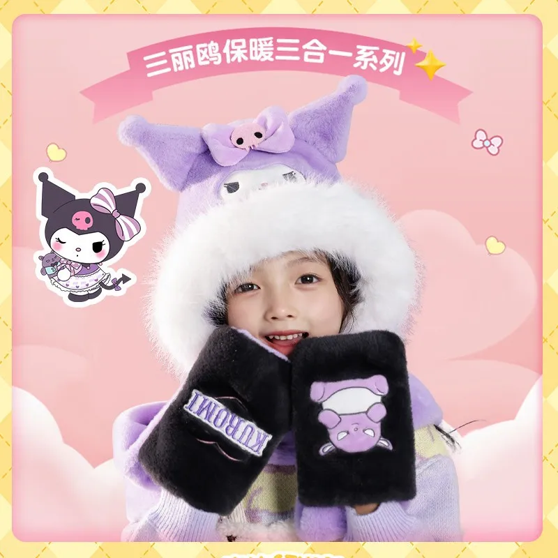 Genuine Sanrio Cinnamoroll My Melody Kuromi Children Cute Warm Plush Winter Ear Protection Glove Cold Proof Scarf One Piece Gift