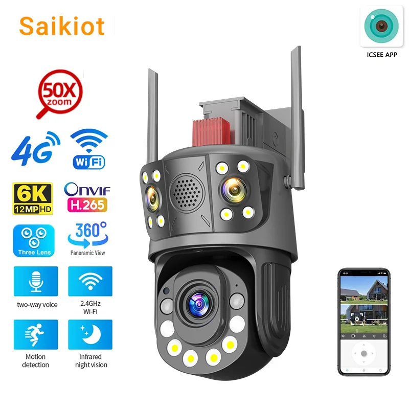 

Saikiot ICSEE 12MP 4G WIFI PTZ Camera 50X Zoom Onvif 3 Lens 3 Screens Human Detection Waterproof CCTV Security PTZ Camera 4G