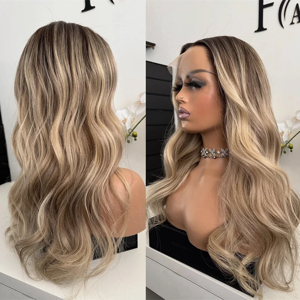 Natural 24Inch Highlight Blond Body Wave HD Lace Frontal Wig Pre-Plucked Transparent Deep Part for Women