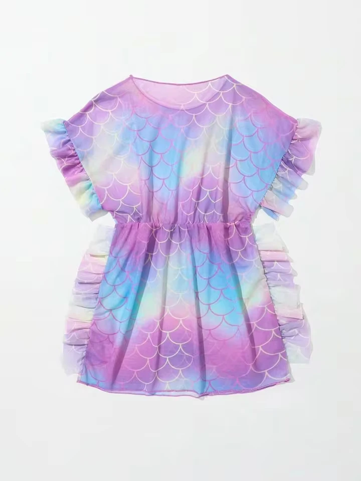 

4-7Y Kids Girl Swim Cover Up Swimsuit Ruffles Mermaid Print Beach Pool Bathing Suit Hoodie Dress Coverup Swimwear Cover-Ups