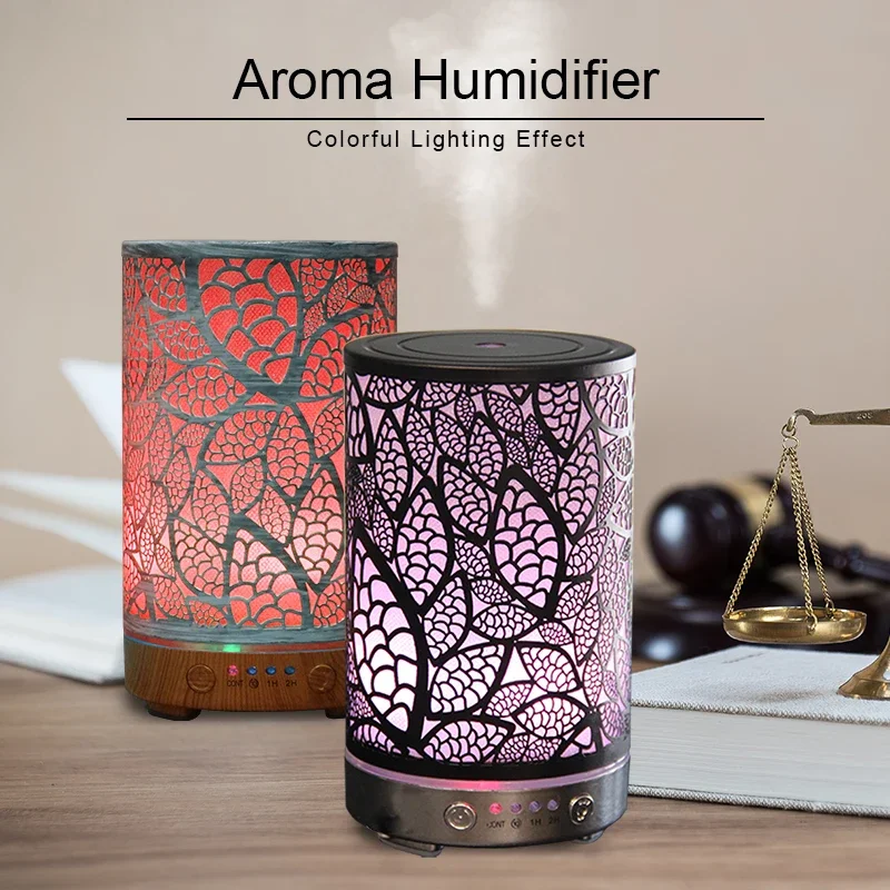 Aroma Diffuser Essential Oil Lamp 100ml Portable metal hollow Cold Mist Air Humidifier with Color LED Night Light