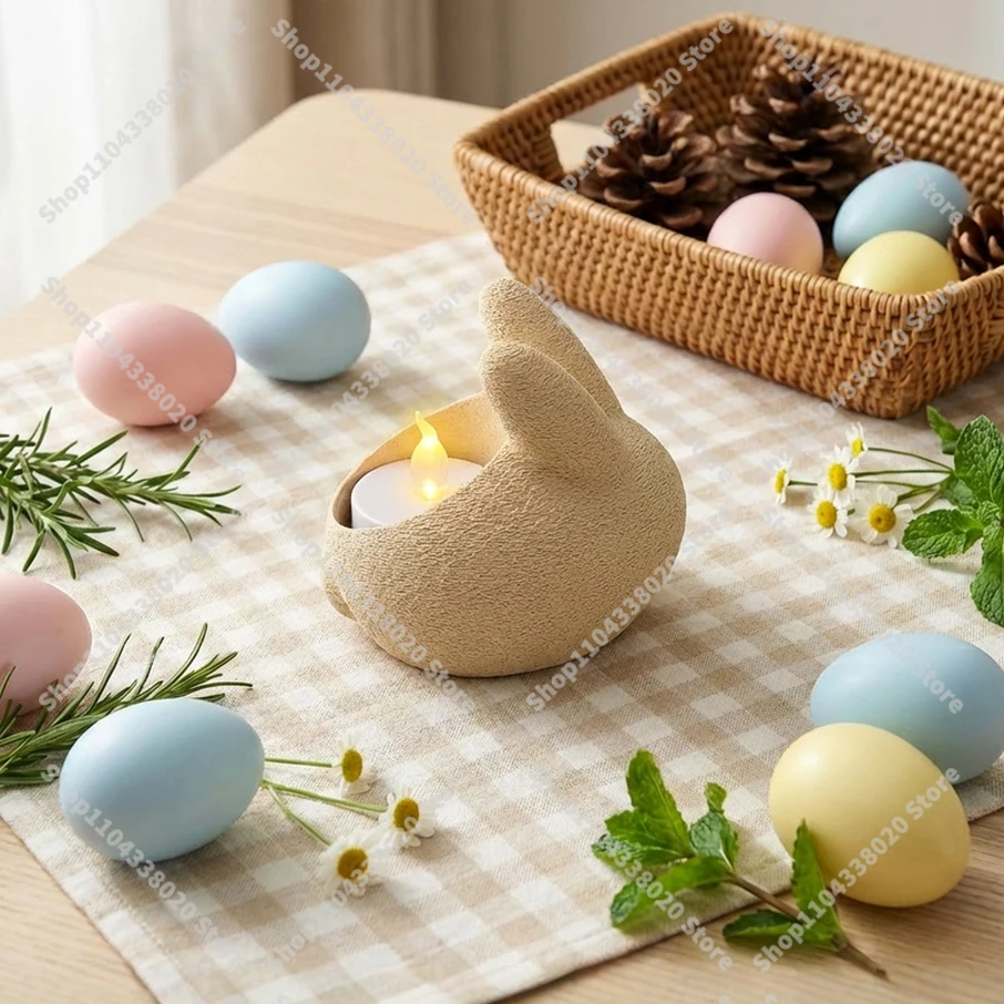 Easter Rabbit Tea Light Holder - 7.5cm Beige/Green Plastic Candle Stand for LED Candles, Cozy Decor with Stone Texture