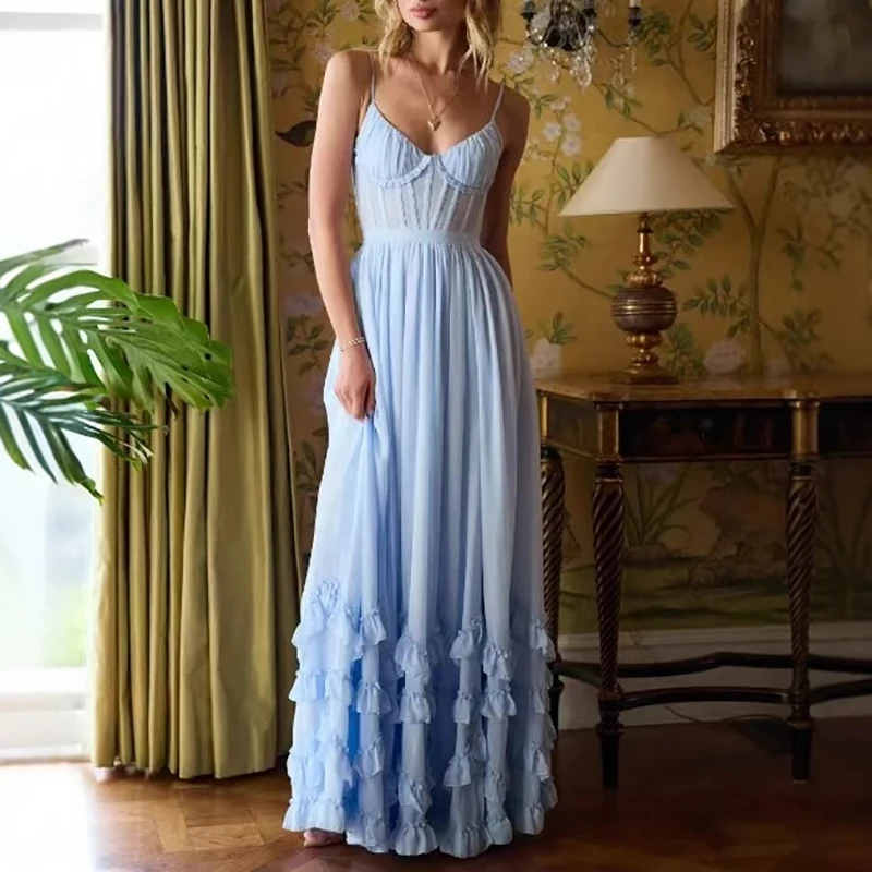 Moda cintura plissado sólido vestido de festa sexy com decote em v suspensórios de espinha de peixe vestido elegante de corte baixo sem mangas sem costas magro vestido longo