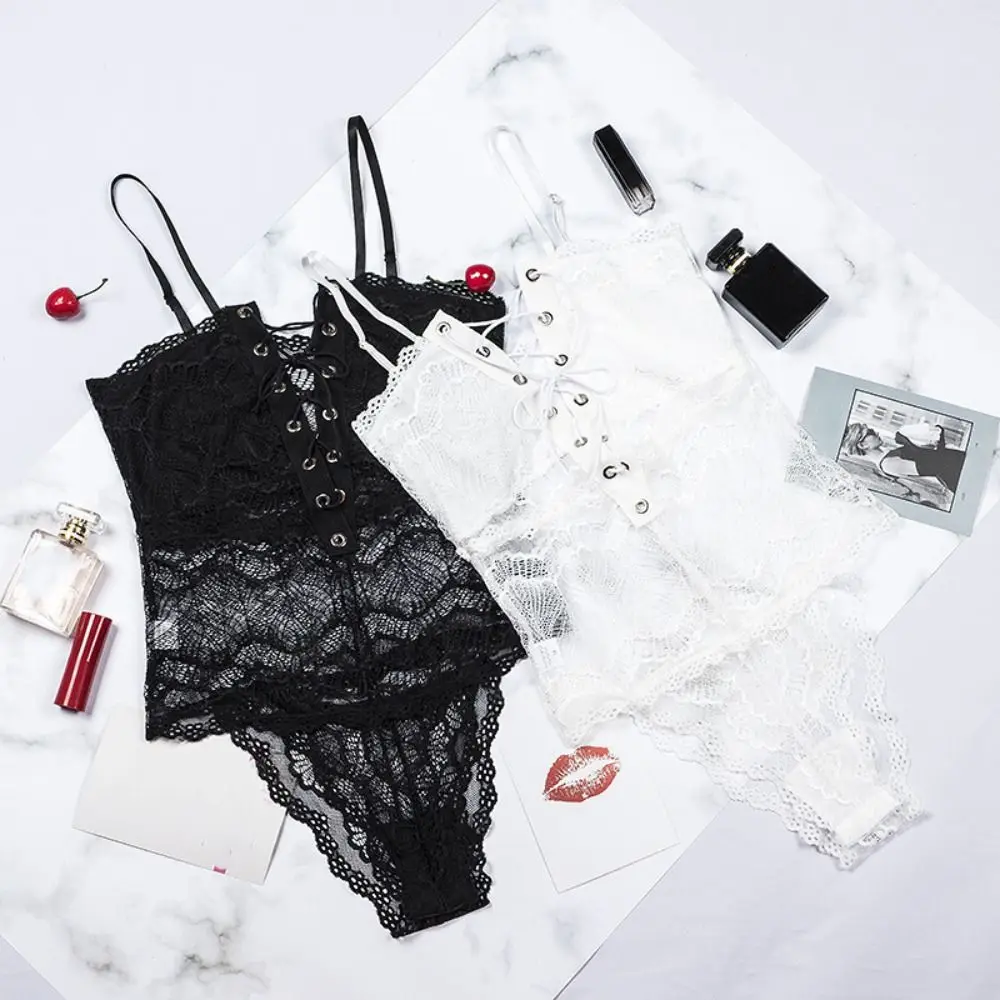 

Body Shaper Mesh Flower Women Lingerie Transparent Underwear Lace Babydoll Deep V-neck Nightwear Lace-up Bodysuit Gifts