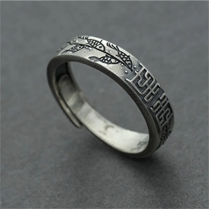Retro-Schnitzerei-Fischmuster-Ring für Paare, Jahrestagsgeschenk, trendiger Ring aus 925er Sterlingsilber für Männer und Frauen, Schmuck verstellbar