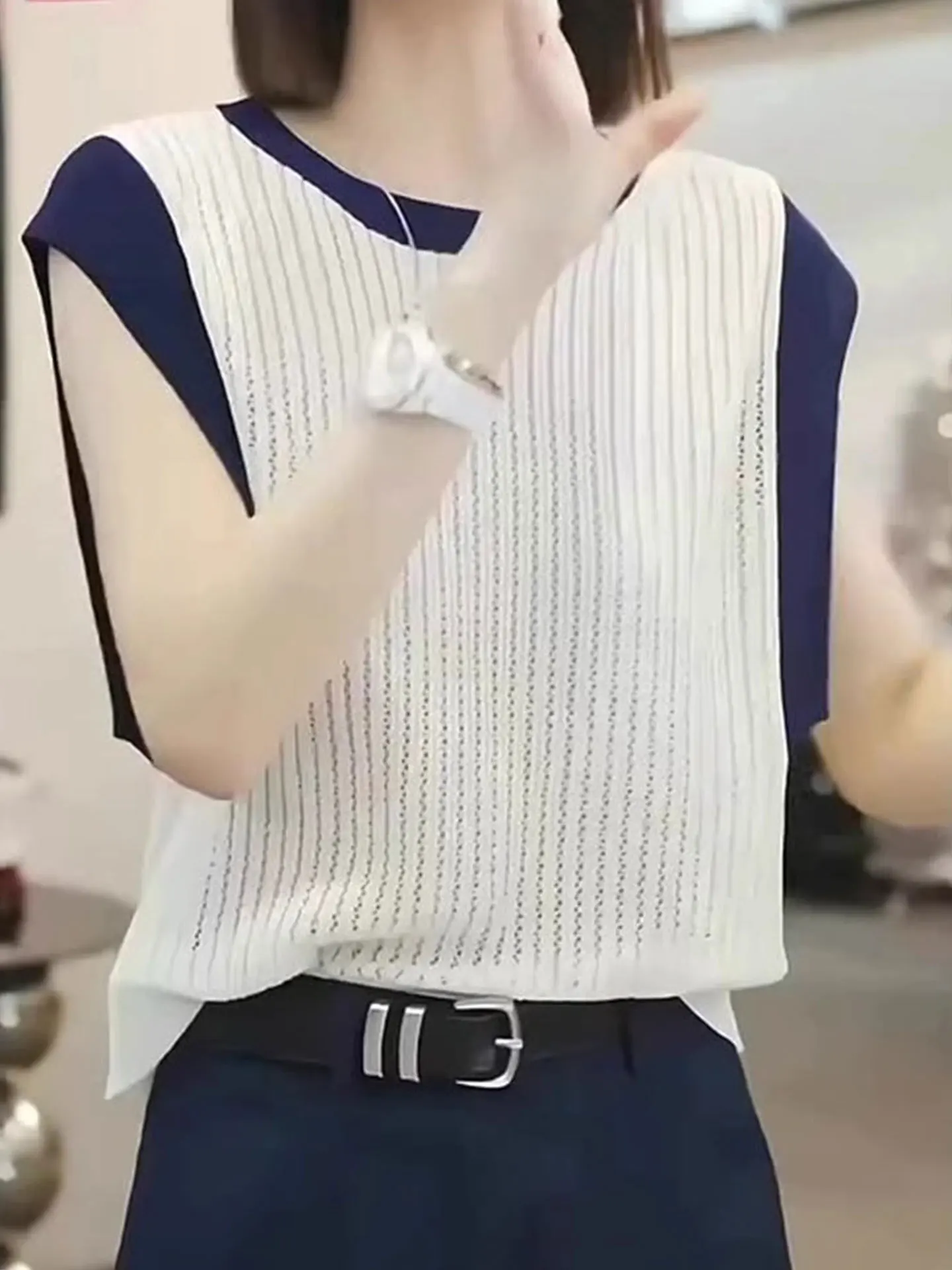 Coreano sle casual versátil confortável respirável malha irt verão cor única blo design redondo ne topo para mulher