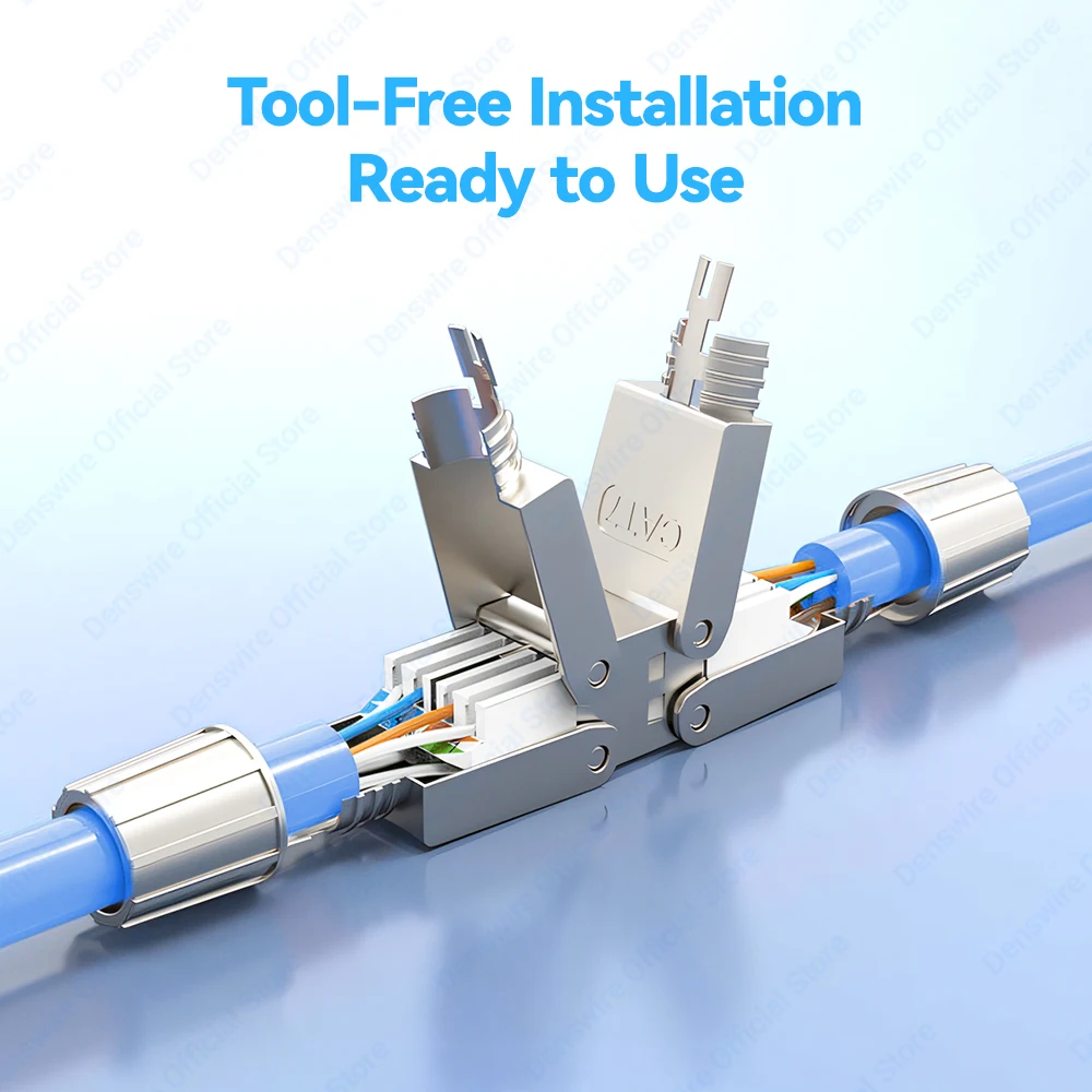 Denswire Tool-Free RJ45 Connector Reusable Shielded Tool Less Ethernet Cable Extender PoE+ for Cat7/Cat6A Network Cables