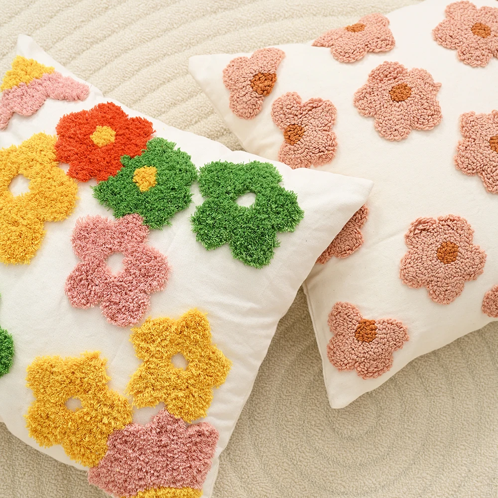 BUYNOW 1 Stück Getuftetete Blumen-Kissenbezüge Weiche Dekorative Blumen-Kissenhüllen für Sofa Bett Wohnzimmer Schlafzimmer Heim-Deko