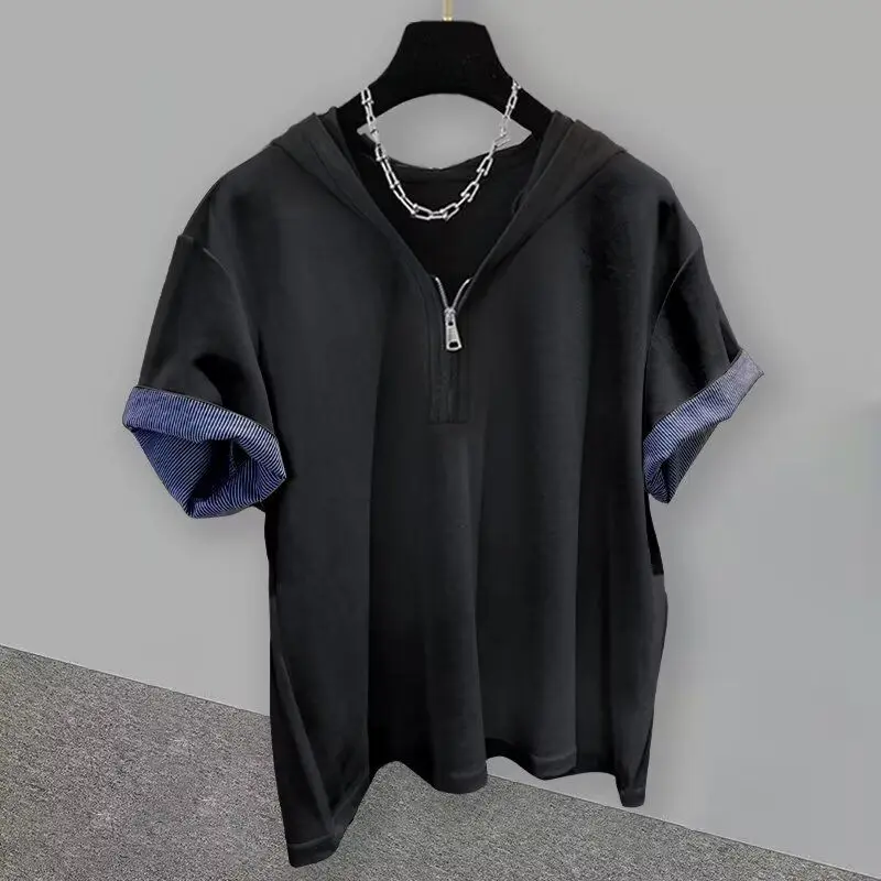 Men's Summer Korean Style Fashion Solid Color Loose Half Zip Hooded Short Sleeve T-shirt Striped Splicing Casual Hoodie New  Tee