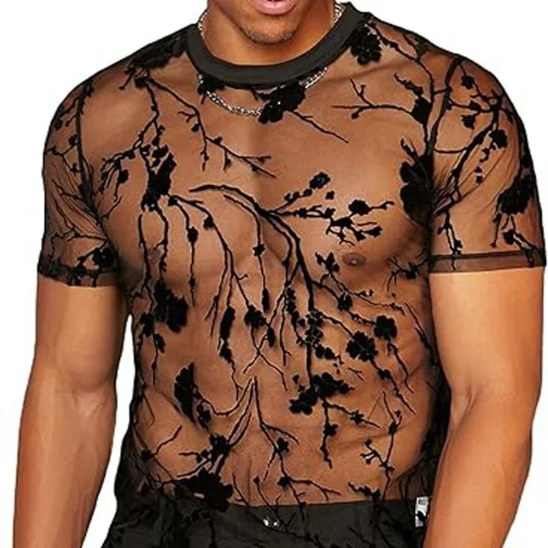 Mens Floral Flocking Sheer Mesh Short Sleeve T Shirt Crew Neck See Through Casual Top