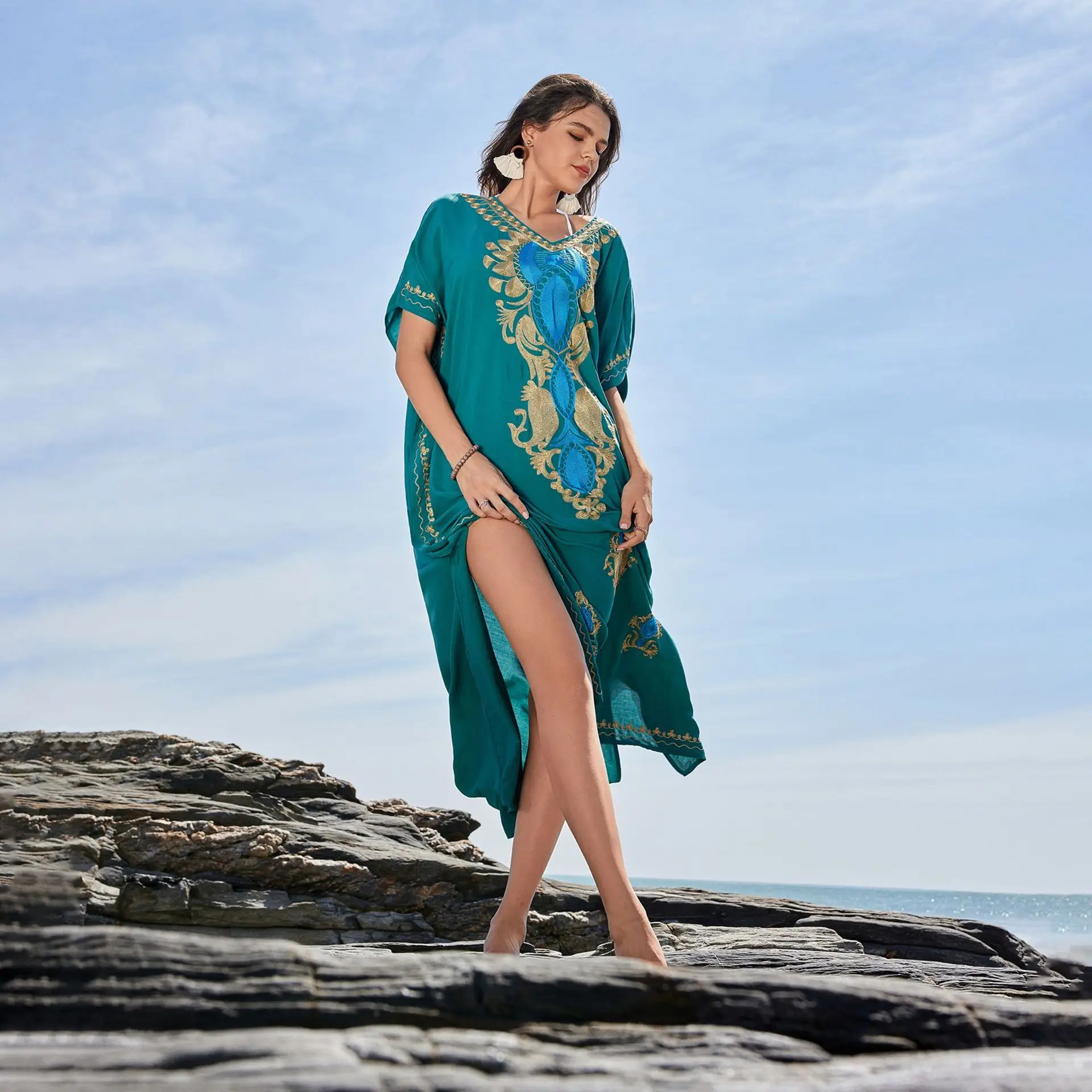 Boho เย็บปักถักร้อย V คอบิกินี่ Cover-ups ฤดูร้อนฤดูใบไม้ร่วงหลวม Kaftan ผู้หญิง PLUS ขนาด Beachwear ชุดว่ายน้ํา