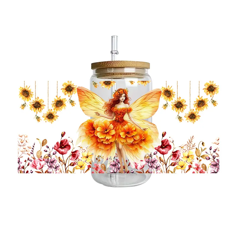 Botanical Fairy Design Decal Washable UV DTF Cup Wrap for 16oz Libbey Glasses DIY 3D Pattern Mug Transfer Sticker