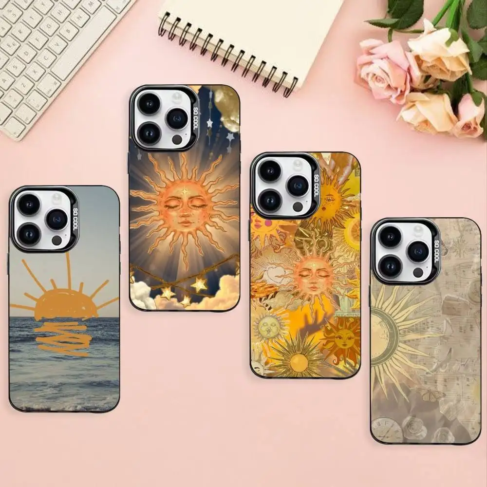 

Retro Sun Phone Case For iPhone17,16,15,14,13,12,Pro Max Black Colored Silver Plated Inside Cover